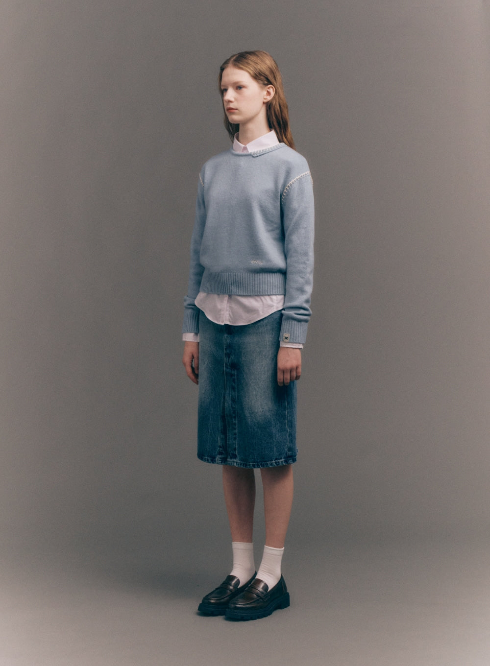 [satur] (W) Marradi Denim Midi Skirt - Crinkle Washed Blue