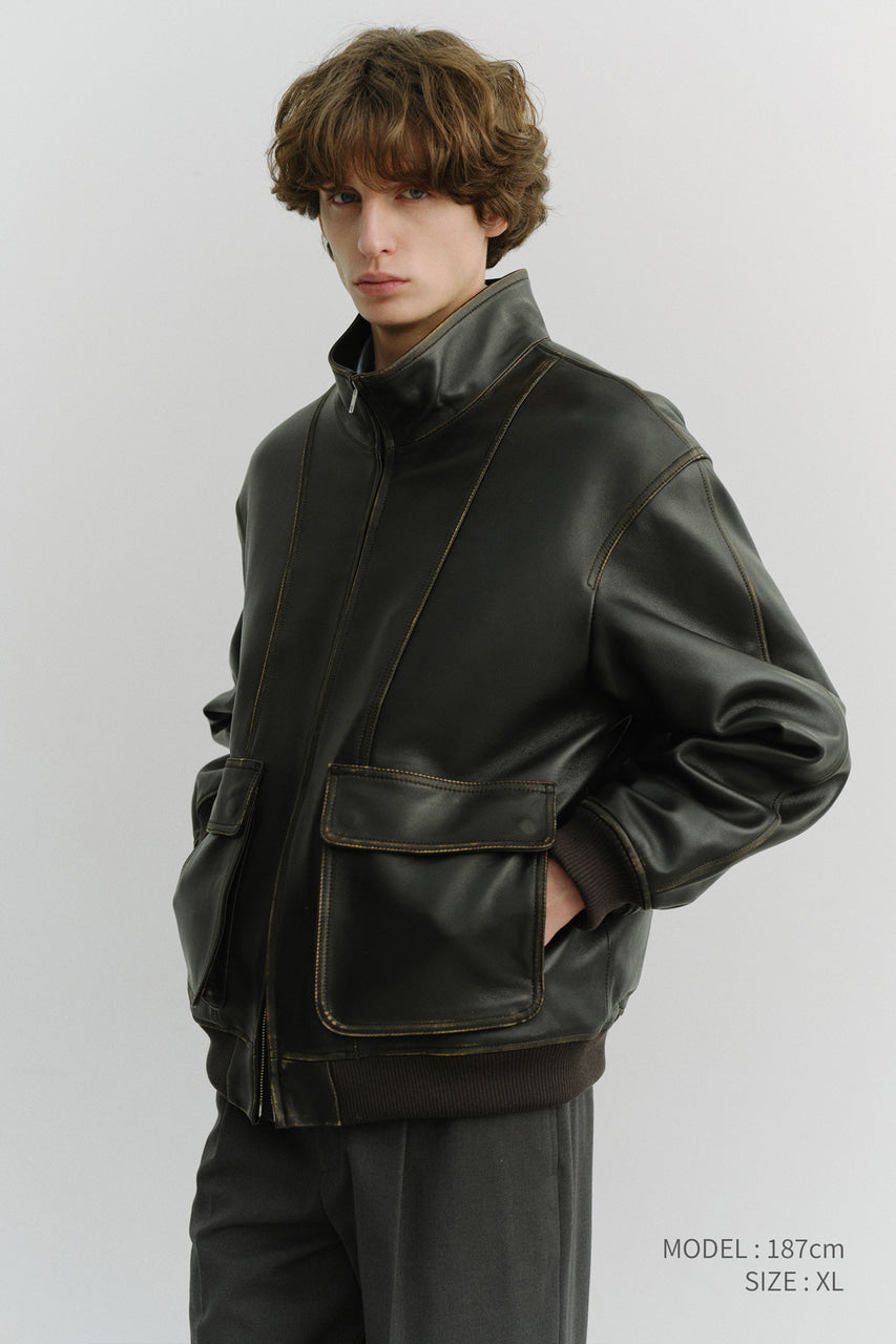 Dunst Unisex Stand Collared Leather Blouson Brushed Black