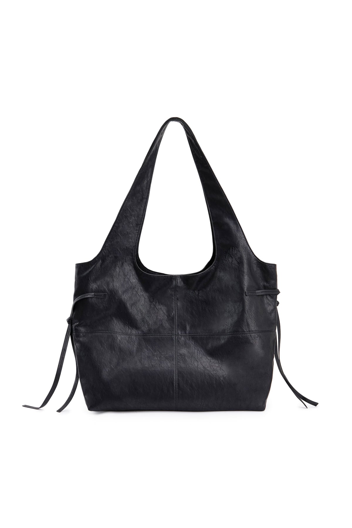 [matinkim] SIDE STRING LEATHER BIG SHOULDER BAG IN BLACK