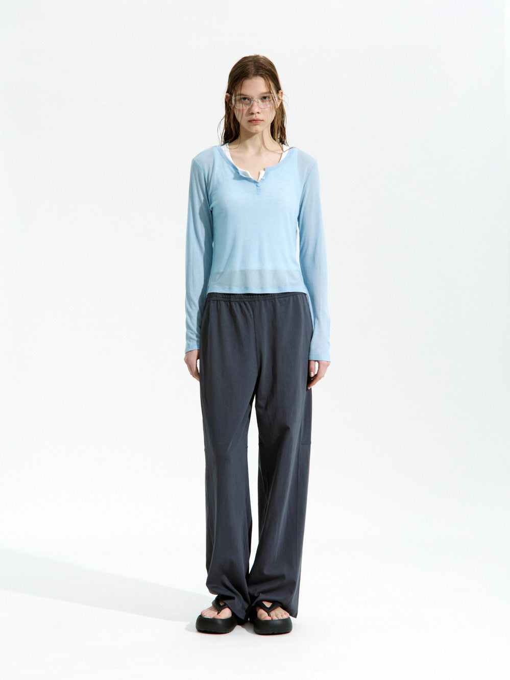Low Classic See-Through Henry Neck Long Sleeve T-Shirt Pastel Blue
