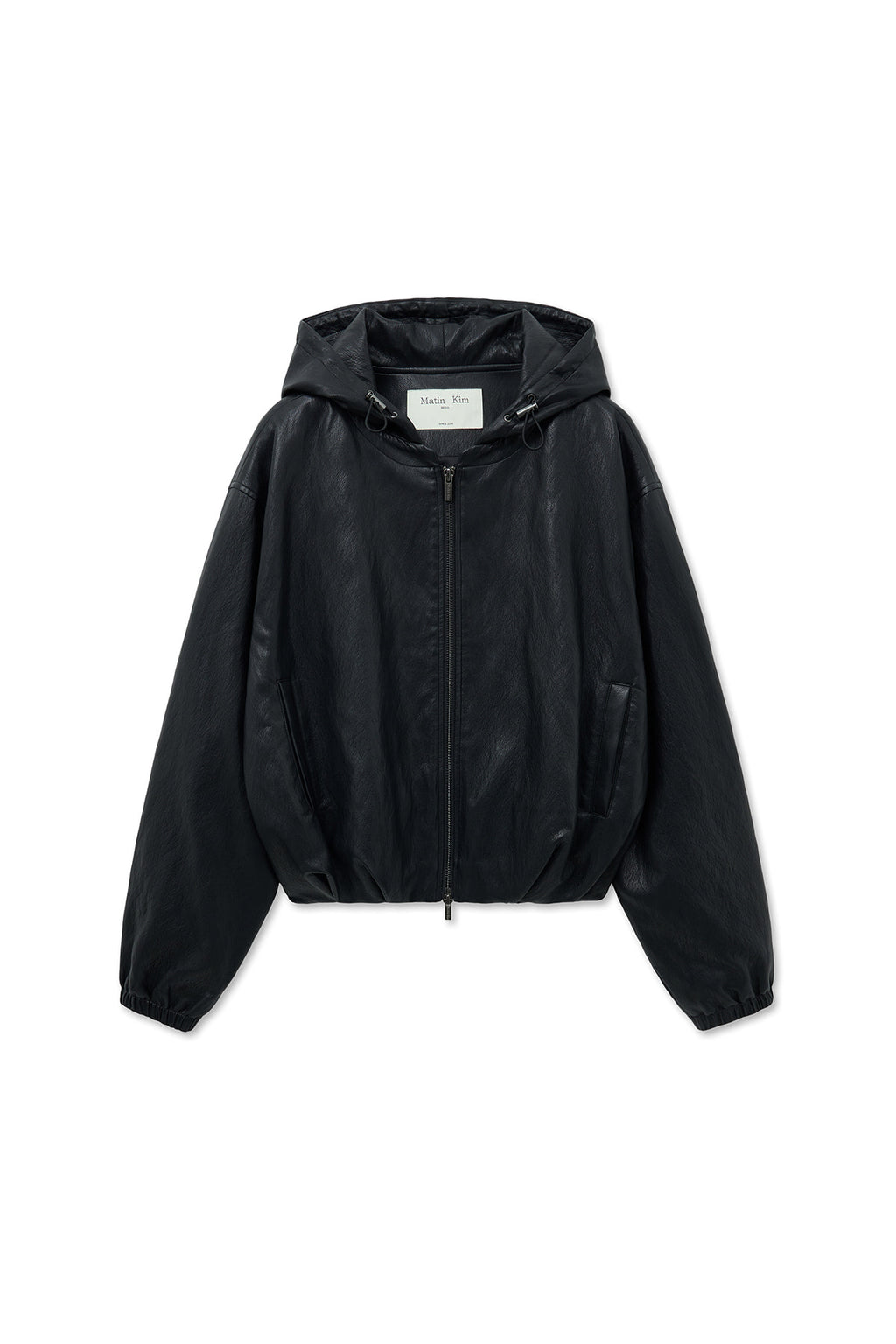 [matinkim] FAUX LEATHER HOODY CROP JUMPER IN BLACK