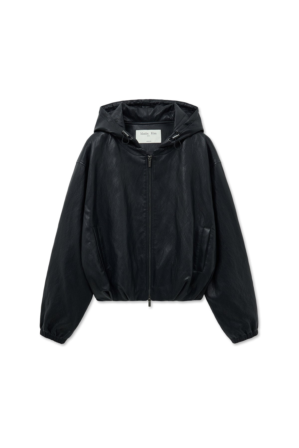 [matinkim] FAUX LEATHER HOODY CROP JUMPER IN BLACK