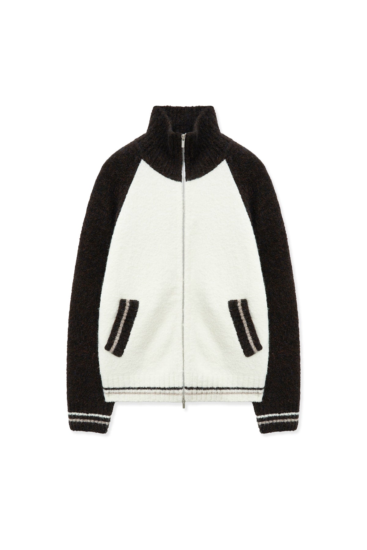 [matinkim] High Neck Raglan Knit Zip UP For Women IN Dark Brown