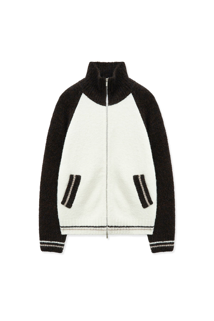 Matinkim High Neck Raglan Knit Zip UP For Women IN Dark Brown