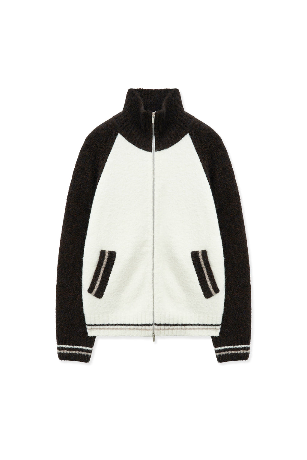 [matinkim] High Neck Raglan Knit Zip UP For Women IN Dark Brown