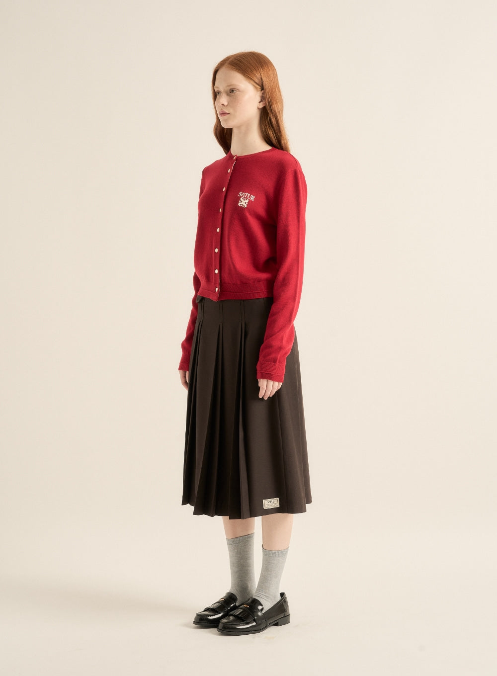 [satur] (W) Loren Basic Crew Neck Fine Cardigan - Red