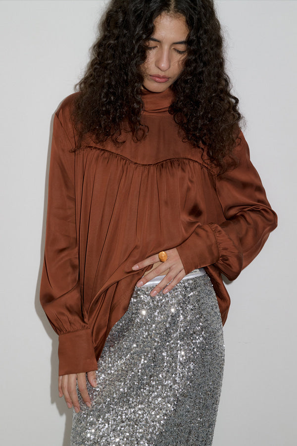 Overdueflair Satin Tied Shirring Blouse Brown