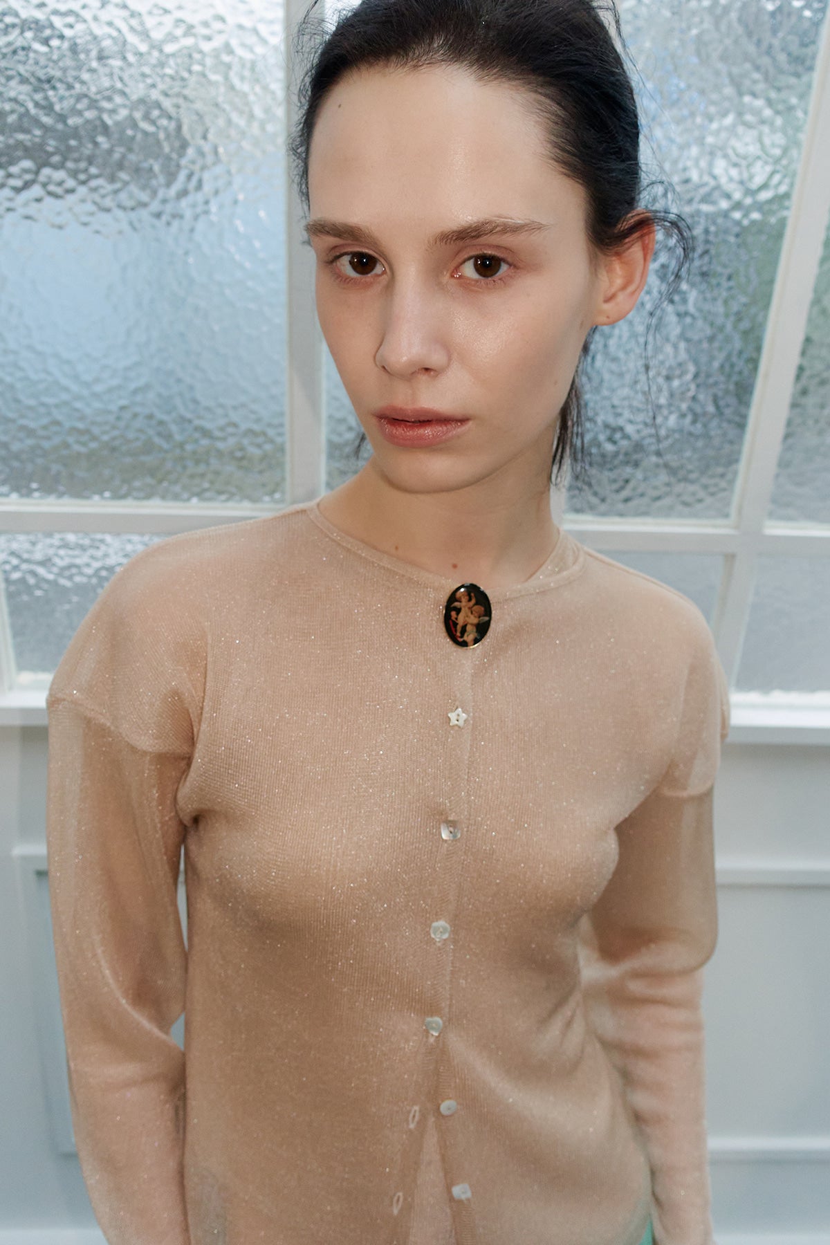 Overdueflair Sheer Glossy Cardigan Nude Beige