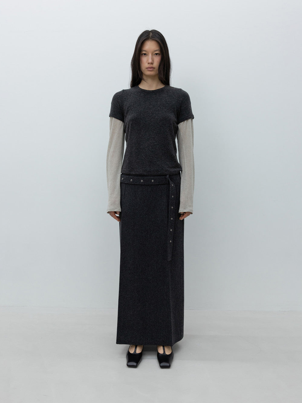 Low Classic Belted Maxi Wool Skirt Grey