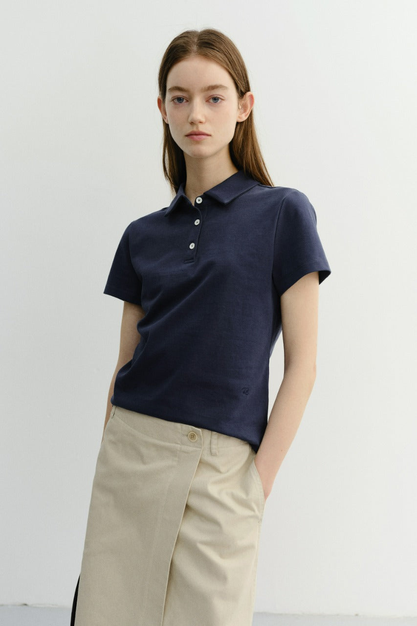 Dunst Cropped Slim Collared T-Shirt Navy