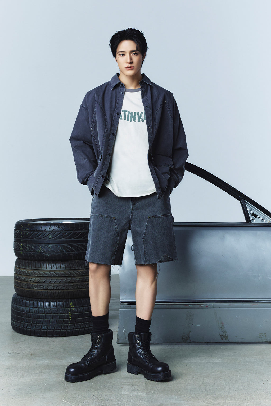 Matinkim Heringbone Raw Cut Denim Shorts IN Grey