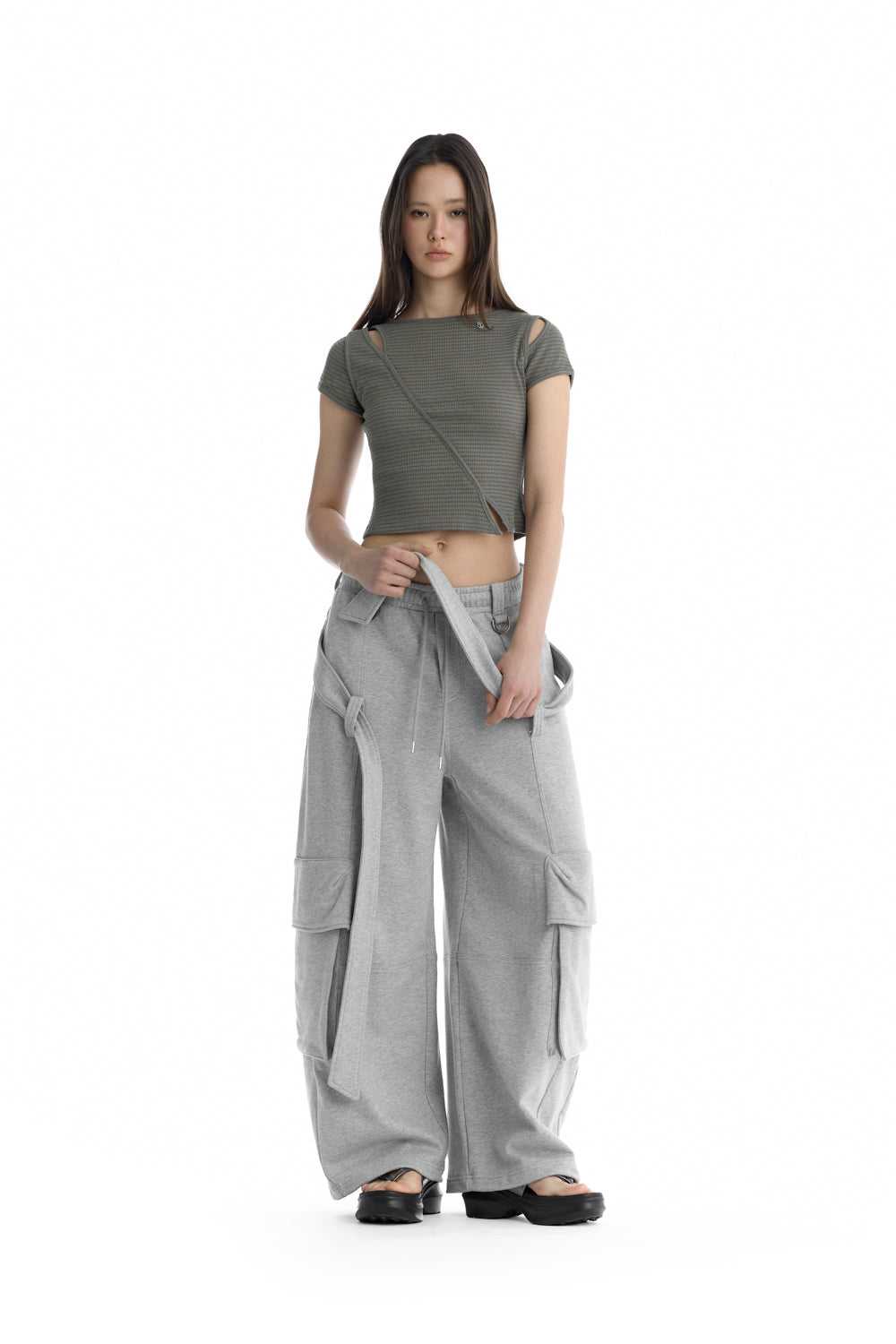Treemingbird Utility Belted Cargo Sweat Pants Melange Gray