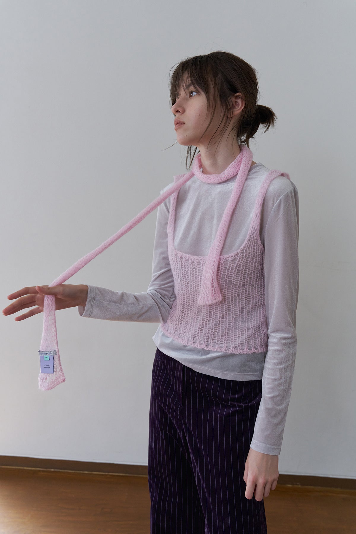 Overdueflair Hairy Sheer Knit Top With Scarf Acid Pink