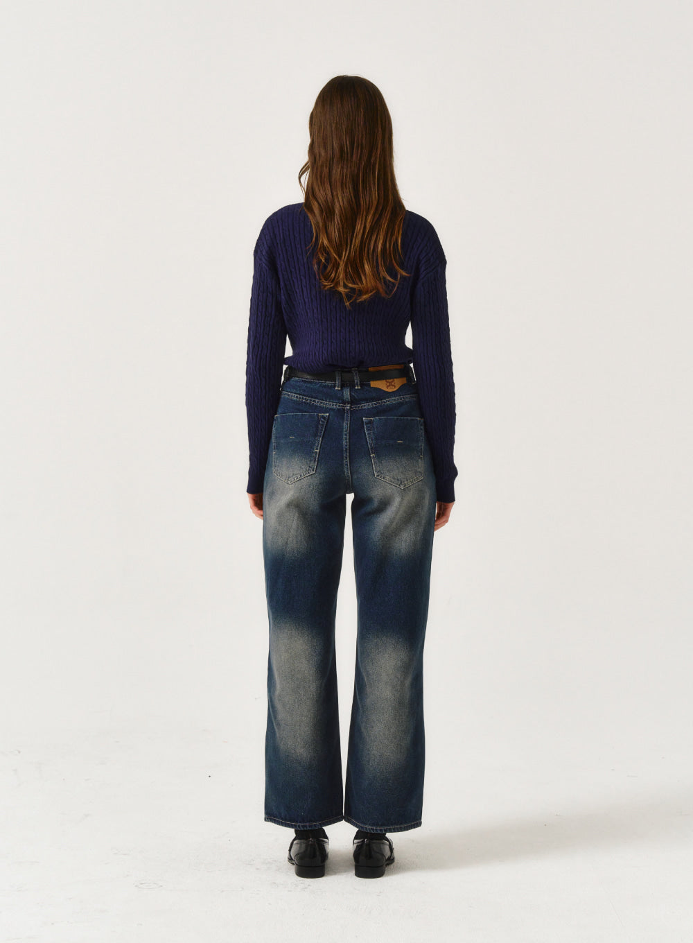 [satur] (W) Winsome Basic Cable Collar Knit - Breeze Navy