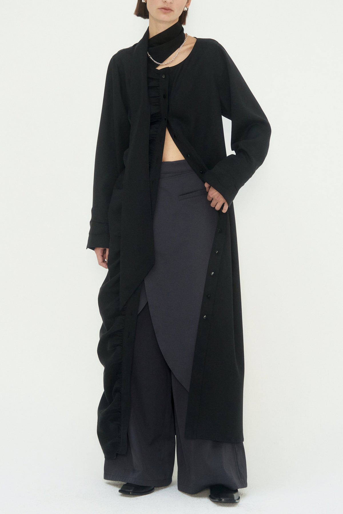 Treemingbird Scarf Shirring Long One-Piece Black