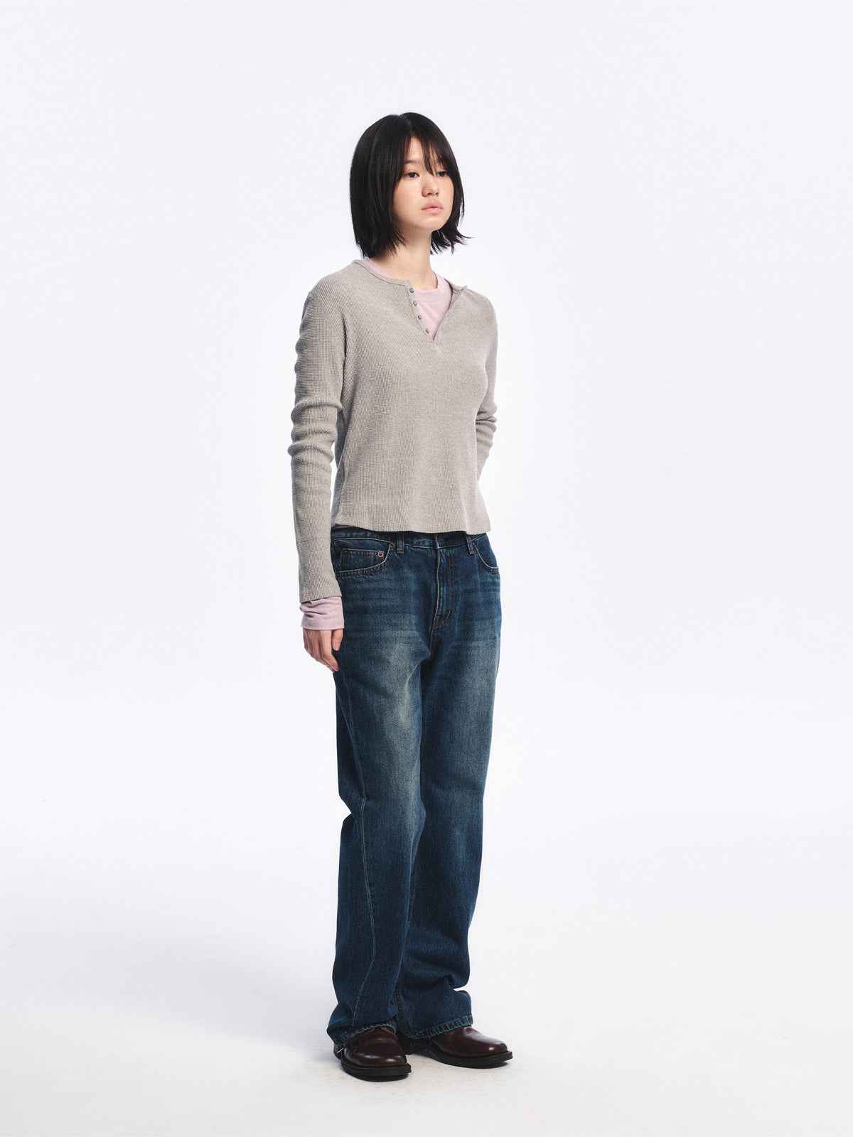 Low Classic Waffle Henley-Neck Tee Melange Grey