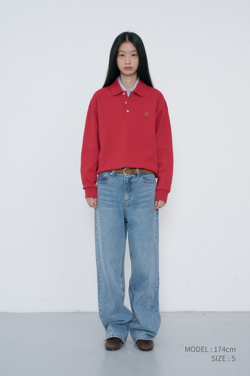Dunst Unisex Leather Logo Collared T-Shirt Red