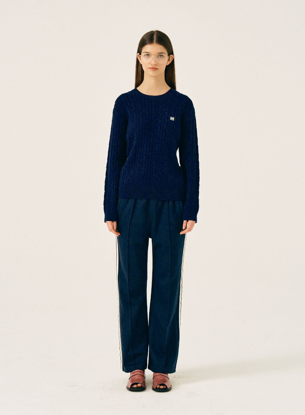 [satur] (W) Classic Solid Cable Knit - Classic Navy
