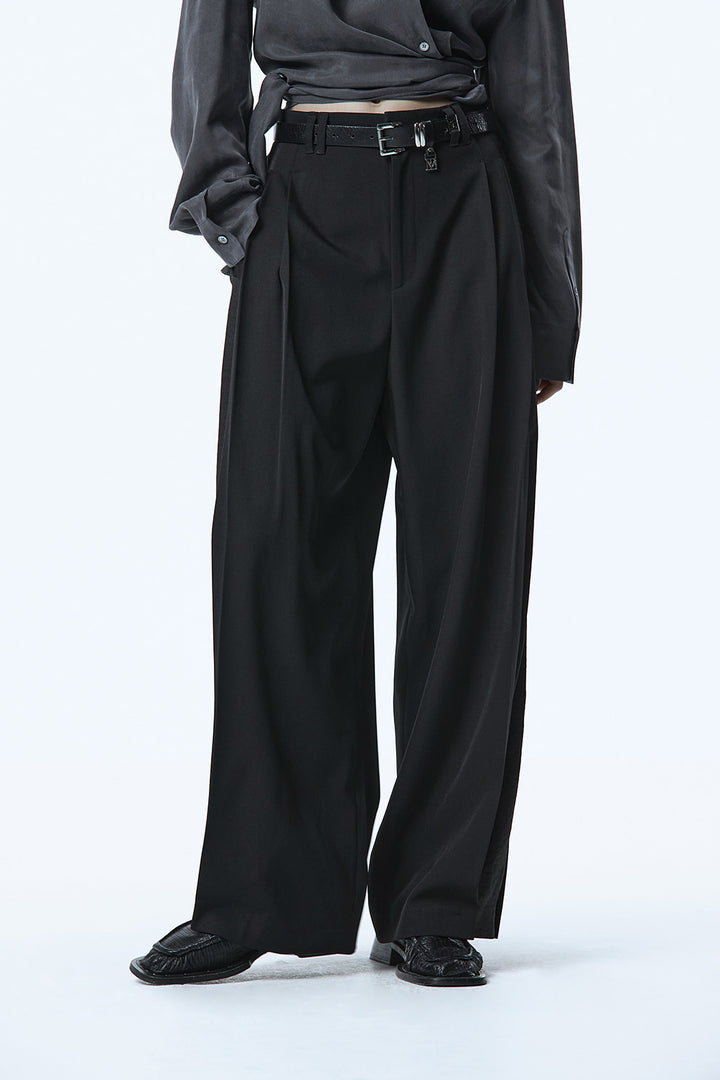 Treemingbird Side Panel Tuck Slacks Black