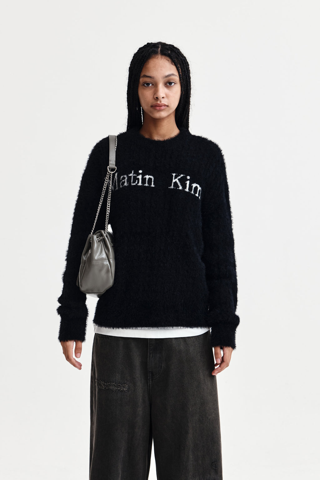 [matinkim] HAIRY CABLE KNIT PULLOVER IN BLACK