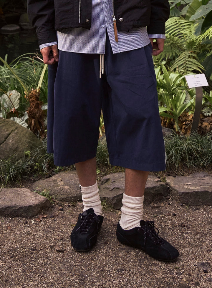 Satur Side Tuck Curved Bermuda Pants - Navy