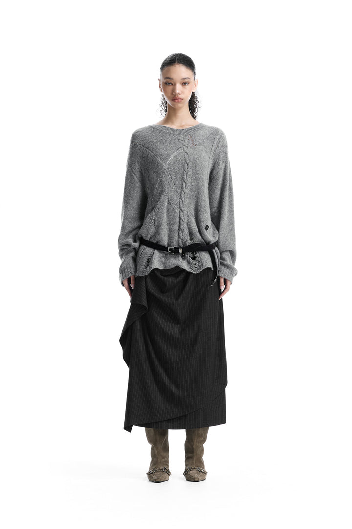 Treemingbird Distressed Cable-Knit Top Gray