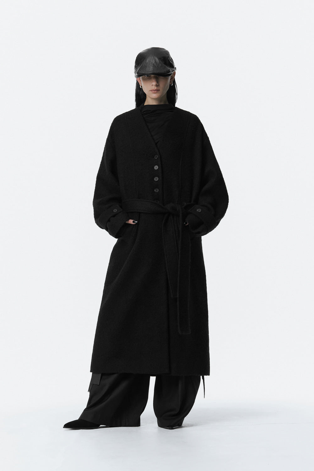 Treemingbird Boucle Wool Long Coat Black