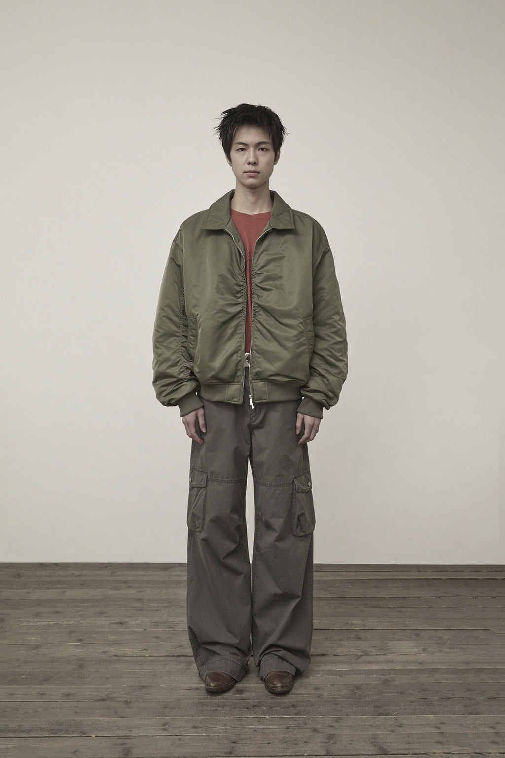 [matinkim] Applique Logo Shirring Bomber Jumper For Men IN Khaki