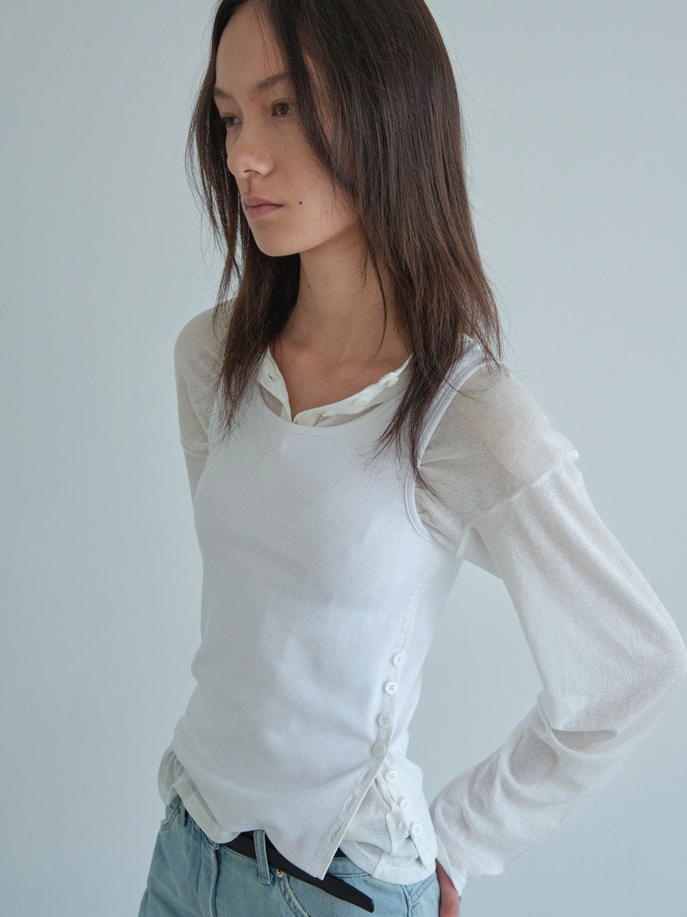 Low Classic Side Button Sleeveless Top White