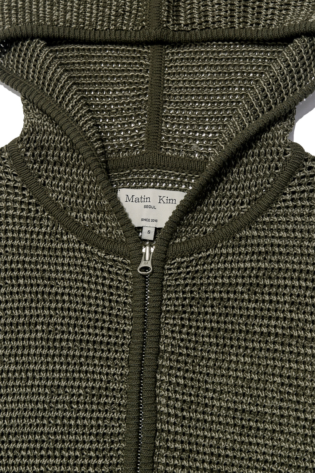 [matinkim] Two Tone Mesh Knit Hoody Zip UP IN Khaki