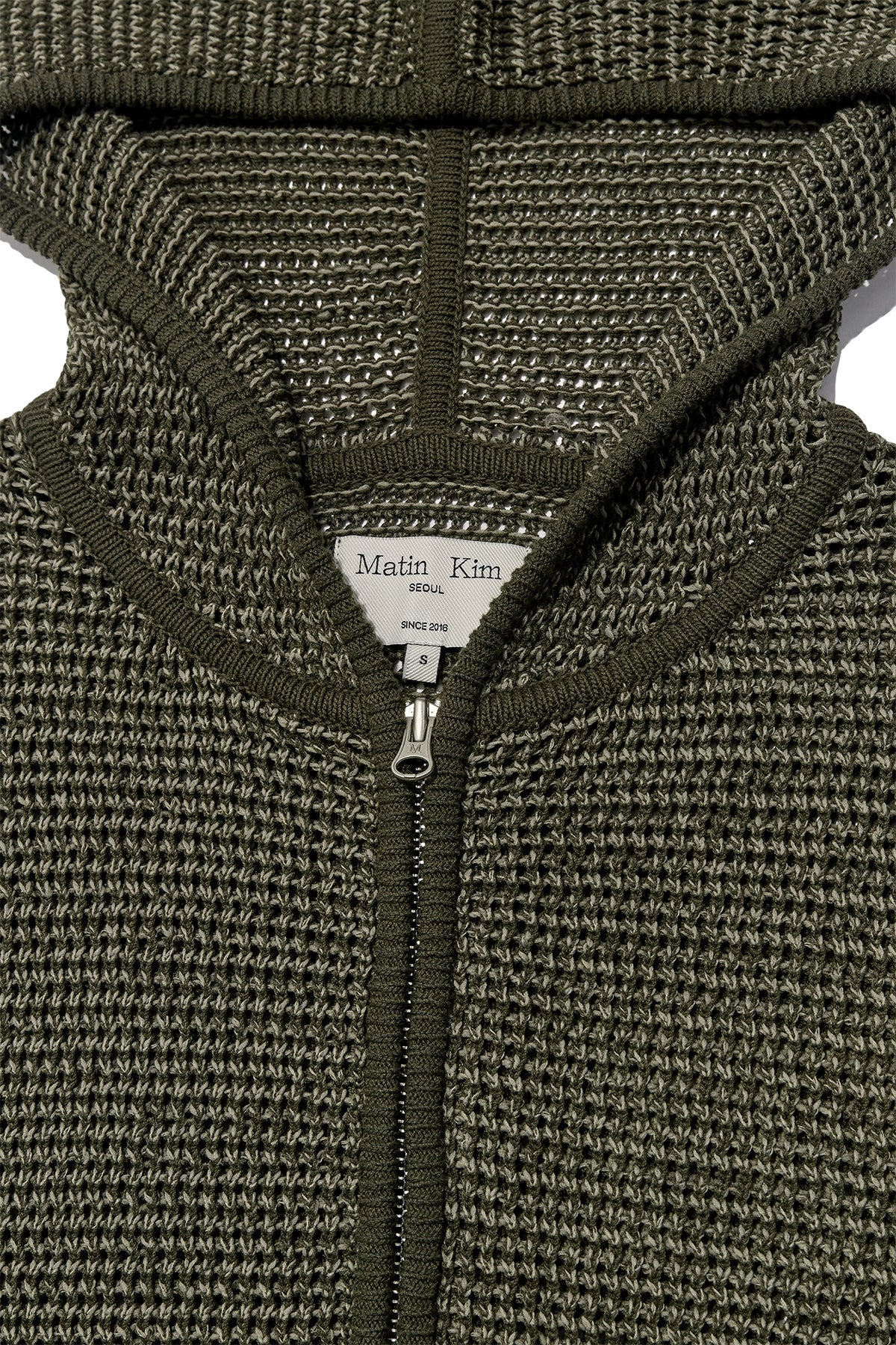 [matinkim] Two Tone Mesh Knit Hoody Zip UP IN Khaki