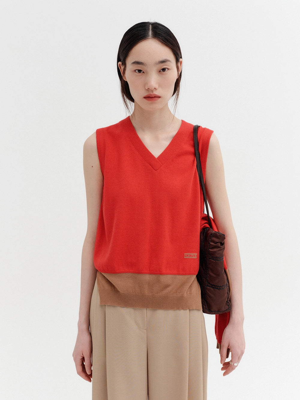 EENK V-Neck Contrast Rib Knit Vest - Red