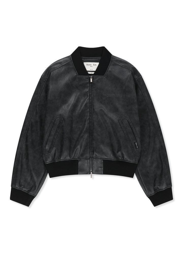Matinkim Faux Leather Rib Collar Blouson For Women IN Black