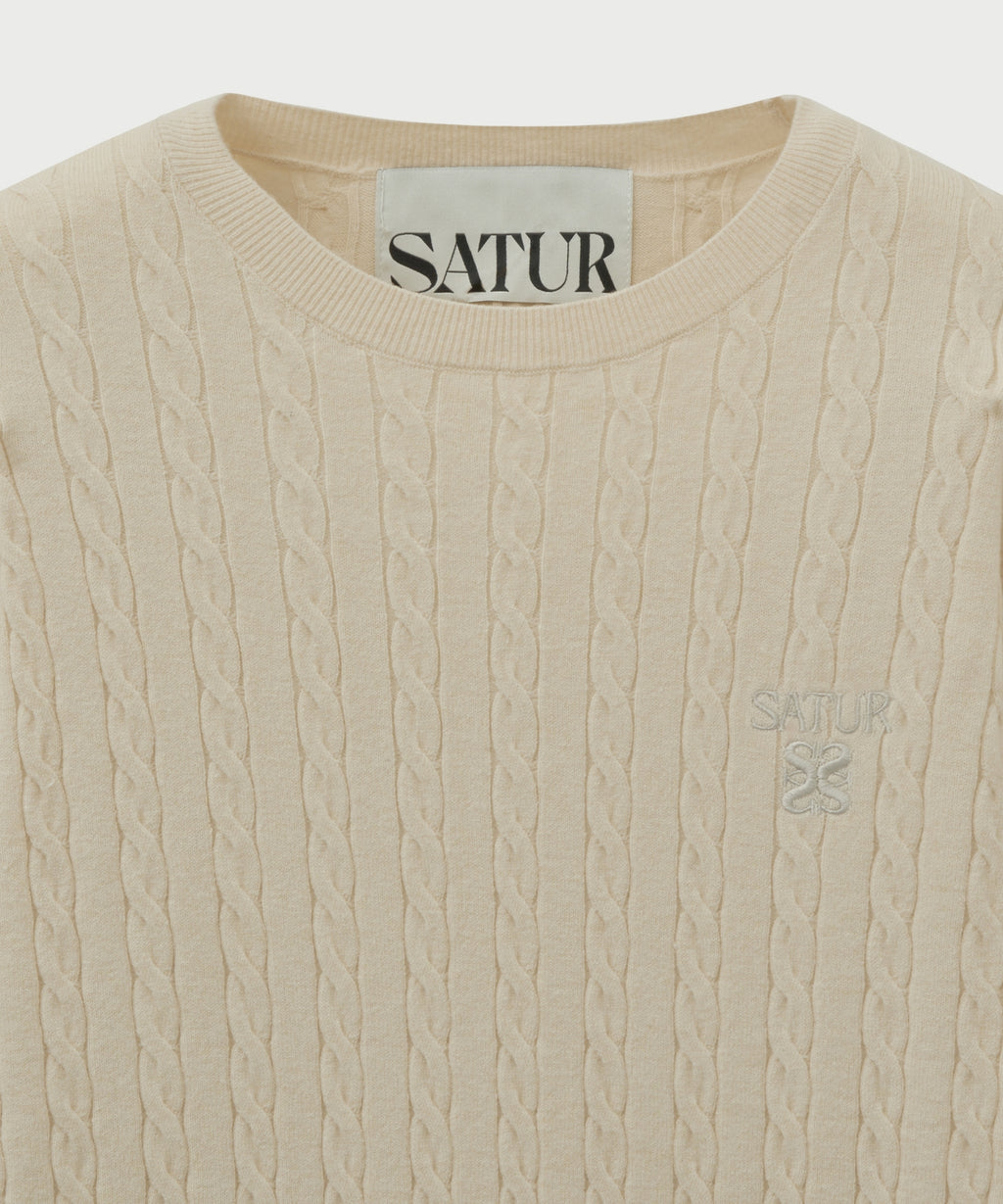 [satur] Plain Cable Crew Neck Knit - Cream