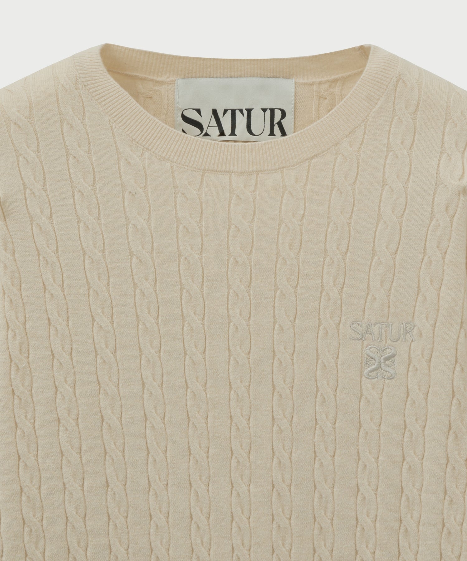[satur] Plain Cable Crew Neck Knit - Cream
