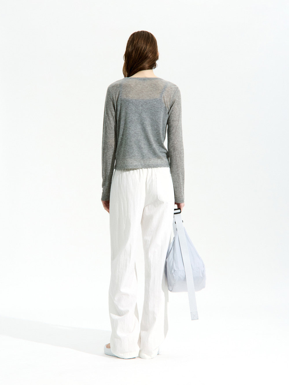 Low Classic See-Through Henry Neck Long Sleeve T-Shirt Melange Grey