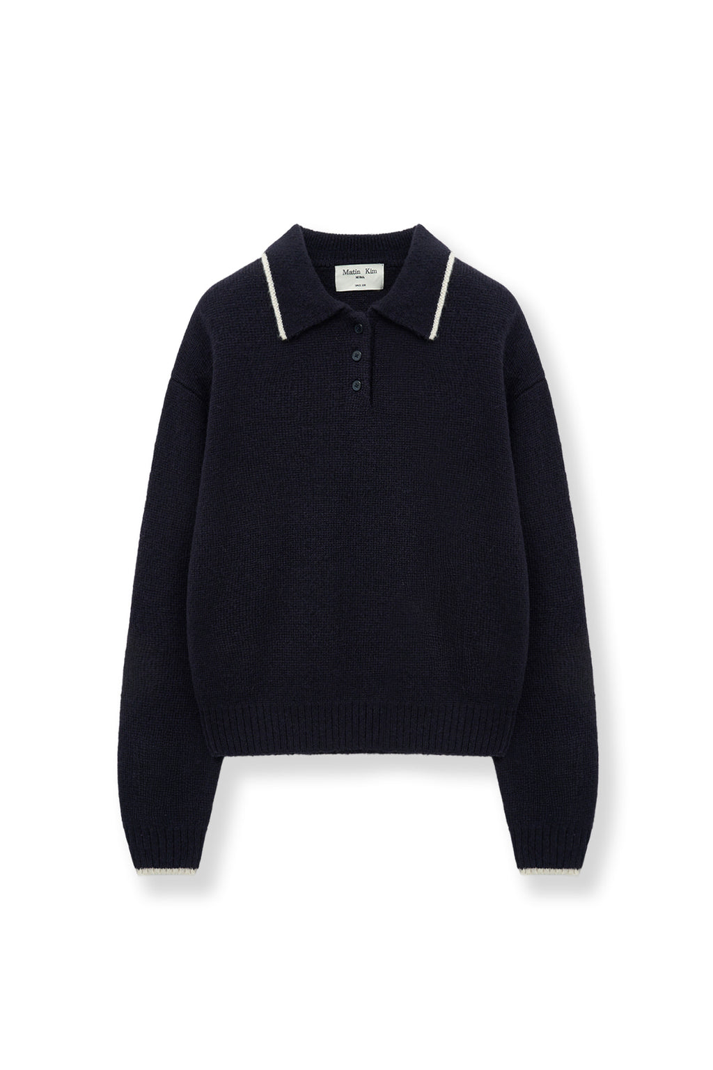 [matinkim] BACK LOGO COLLAR KNIT TOP FOR WOMEN IN DARK NAVY