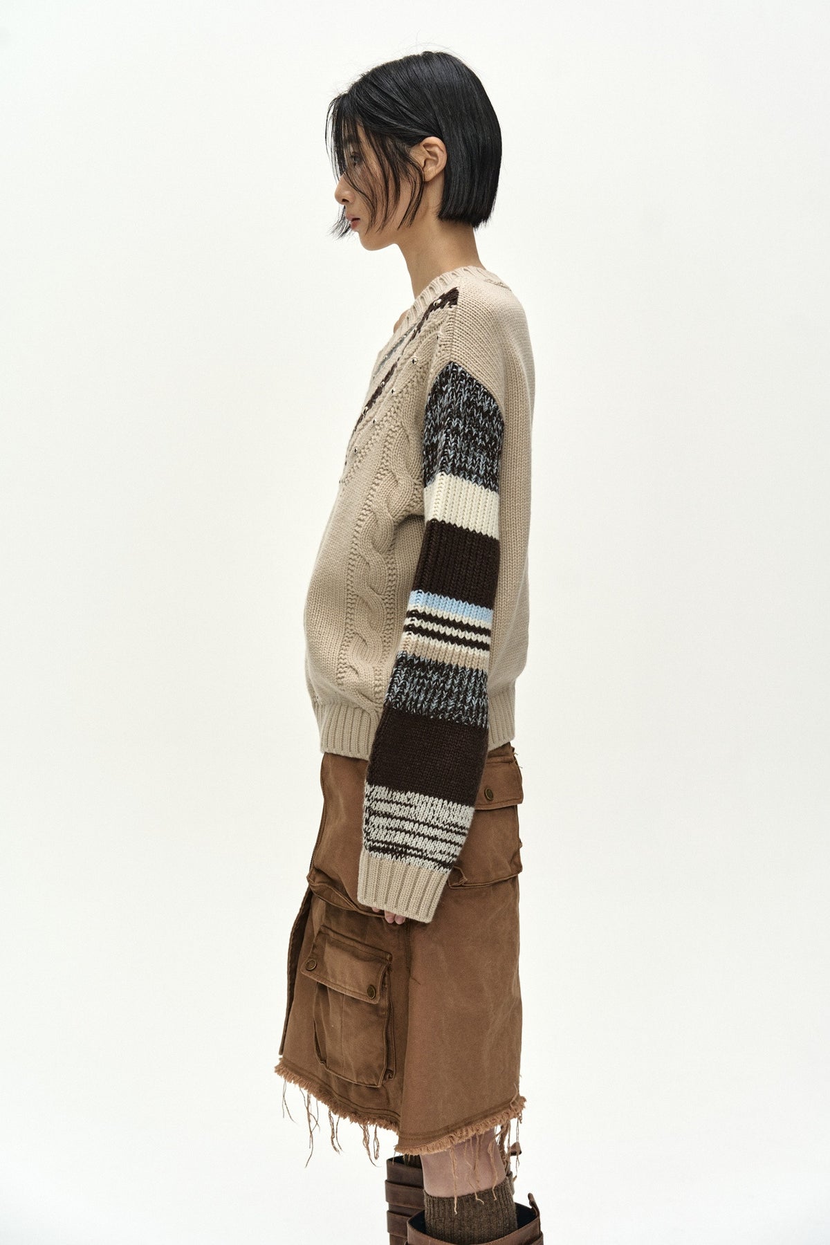 Andersson Bell Studded Cable V-Neck Multi-Stripe Pullover