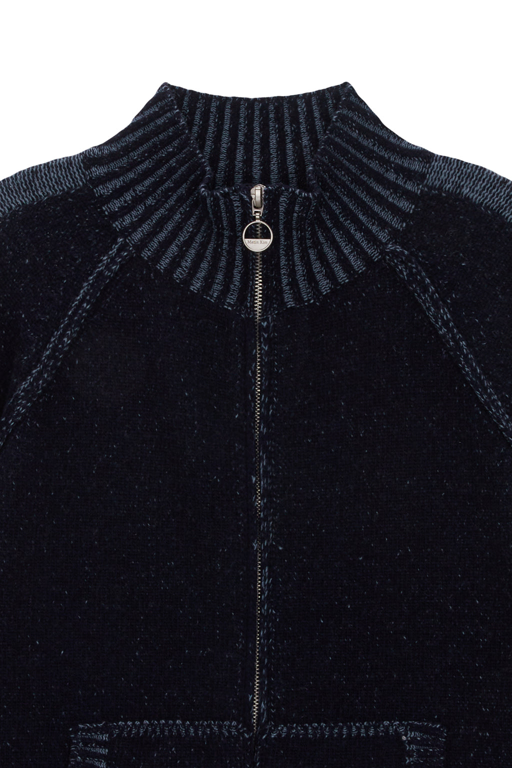 [matinkim] TWO TONE MIXED KNIT ZIP UP FOR WOMEN IN NAVY