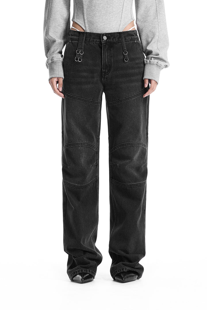 Treemingbird Low-Rise Moto Paneled Bootcut Denim Black