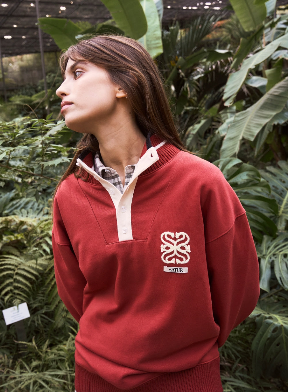 Satur Rib Point Open Collar Sweatshirt - Red