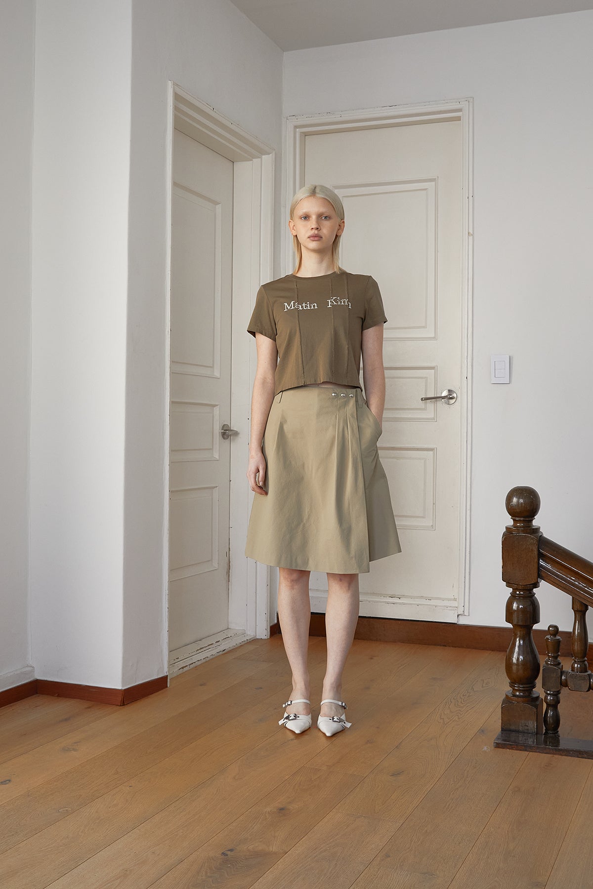 Matinkim Unbalance Typo Logo Crop Top IN Khaki