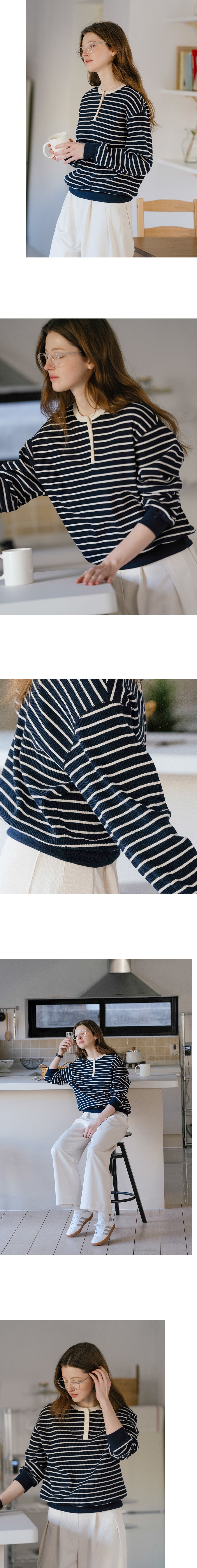 Tillidie Henry neck stripe ribbed t-shirt Navy