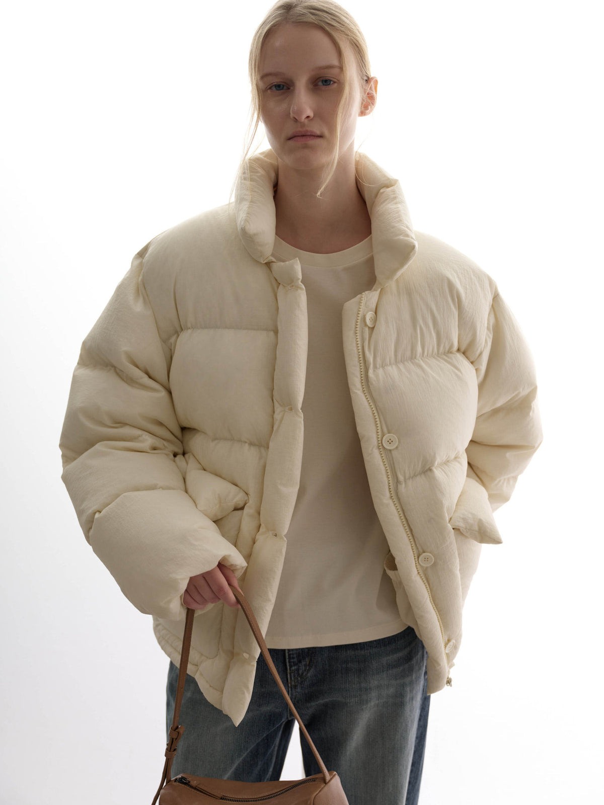 Facade Pattern Goose Down Button Puffer ivory