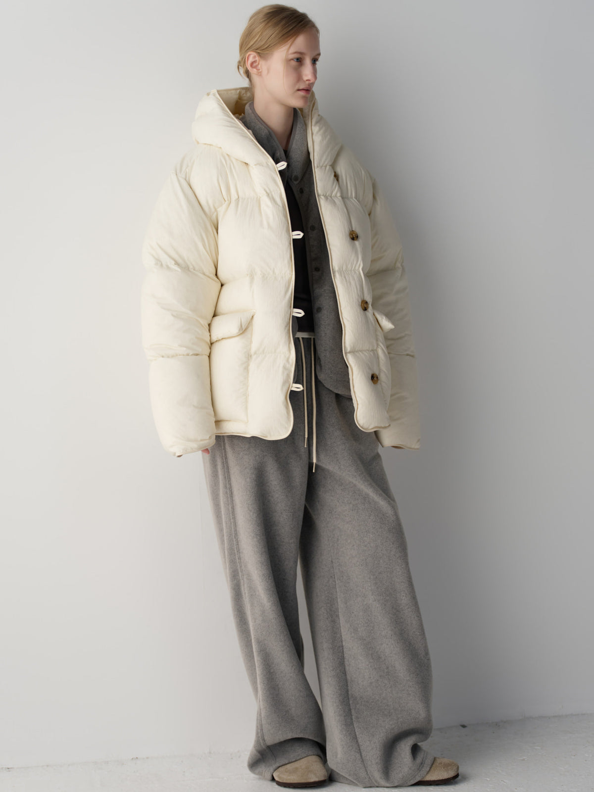 Facade Pattern Goose Down Hooded Puffer ivory
