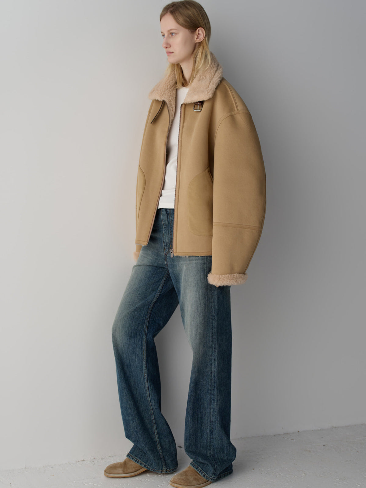 Facade Pattern Lambswool Suede Shearling Jacket beige