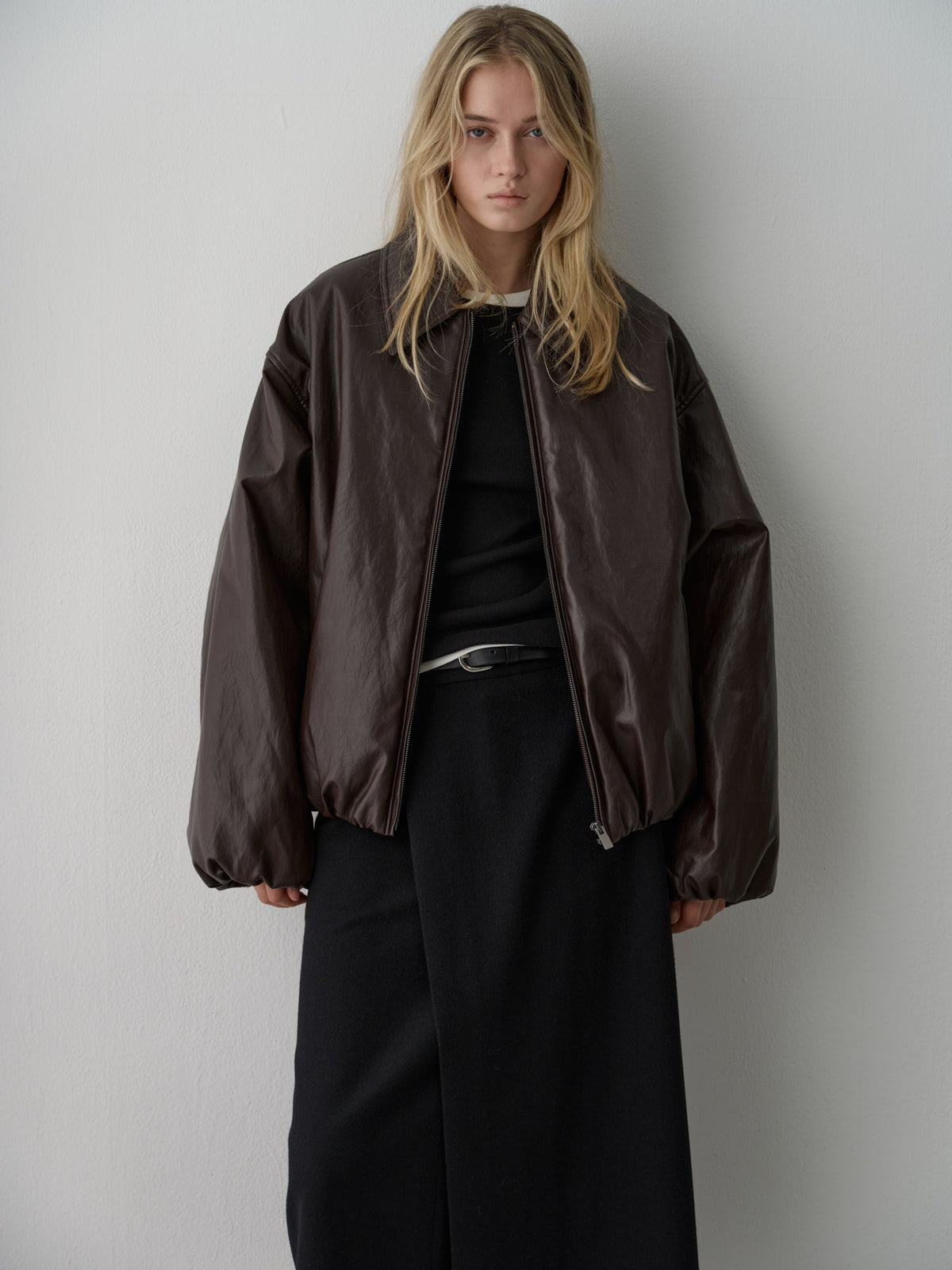 Facade Pattern Leather Bomber Jacket brown