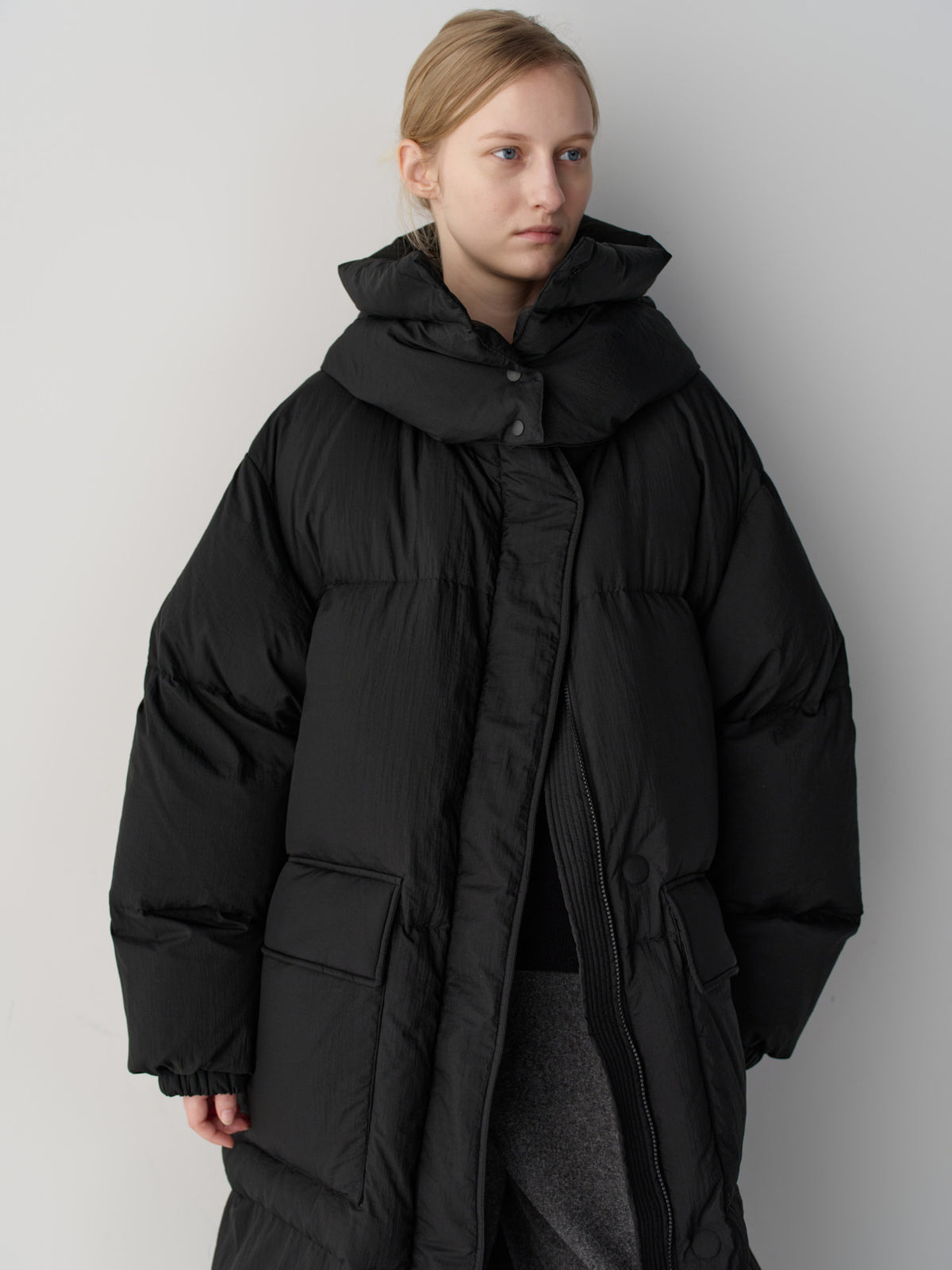 Facade Pattern Goose Down Long Padded Coat black