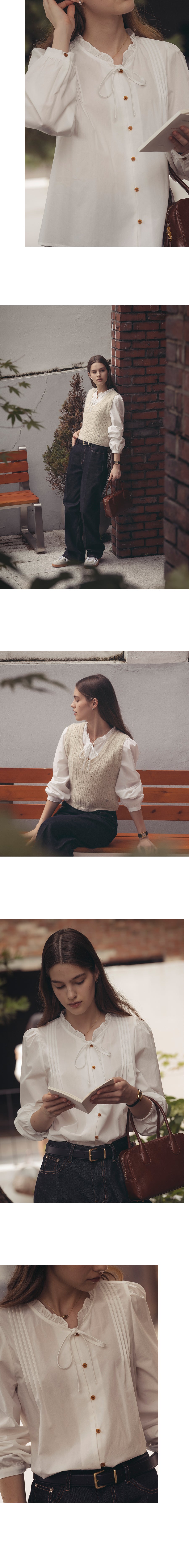 Tillidie Neck frill ribbon cotton blouse Ivory