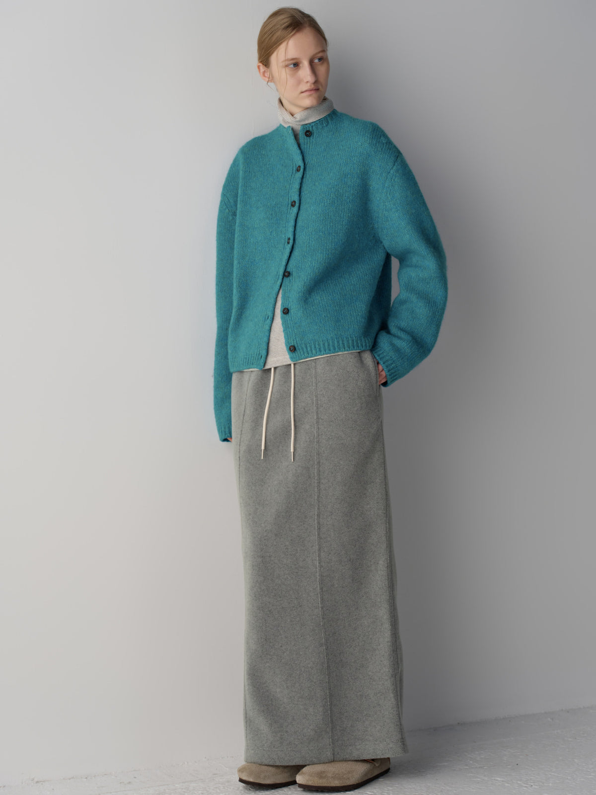 Facade Pattern Alpaca Mock Neck Cardigan lagoon blue